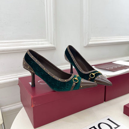 GUCCI 26S HIGH HEELS 75 MM IN DARK GREEN VELVET GG LOGO PATTERN