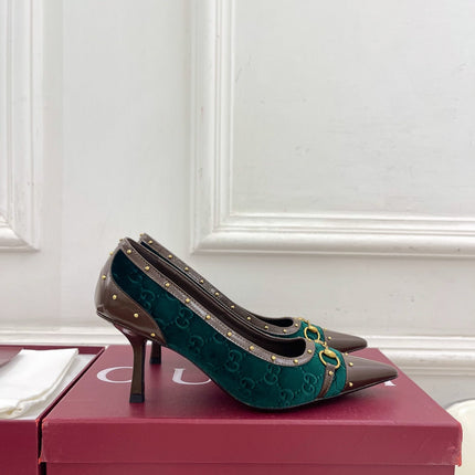 GUCCI 26S HIGH HEELS 75 MM IN DARK GREEN VELVET GG LOGO PATTERN