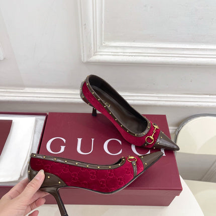 GUCCI 26S HIGH HEELS 75 MM IN DARK RED VELVET GG LOGO PATTERN