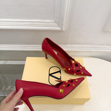 VALENTINO 26S STUDDED POINTED TOE PUMPS 80 MM IN RED CALFSKIN
