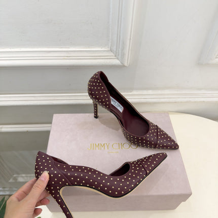 JIMMY CHOO 26S HIGH HEELS 100 MM IN BURGUNDY CALFSKIN WITH ROUND STUDS