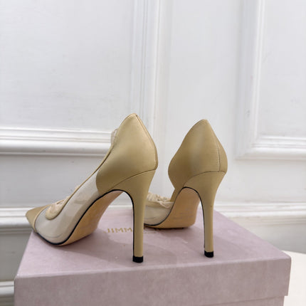 JIMMY CHOO 26S POINTED-TOE HEELS 100 MM IN BEIGE SATIN AND MESH