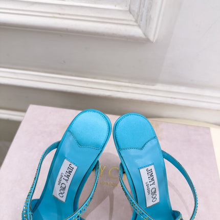 JIMMY CHOO 26S HEEL SANDALS 100 MM IN LIGHT BLUE SATIN WITH MULTICOLORED CRYSTALS