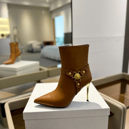 BALMAIN 26S STILETTO HEEL BOOTS 95 MM IN BROWN CALFSKIN