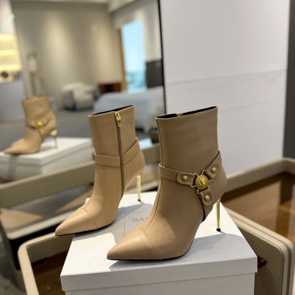 BALMAIN 26S STILETTO HEEL BOOTS 95 MM IN DARK BEIGE CALFSKIN